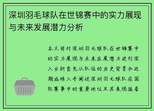 深圳羽毛球队在世锦赛中的实力展现与未来发展潜力分析